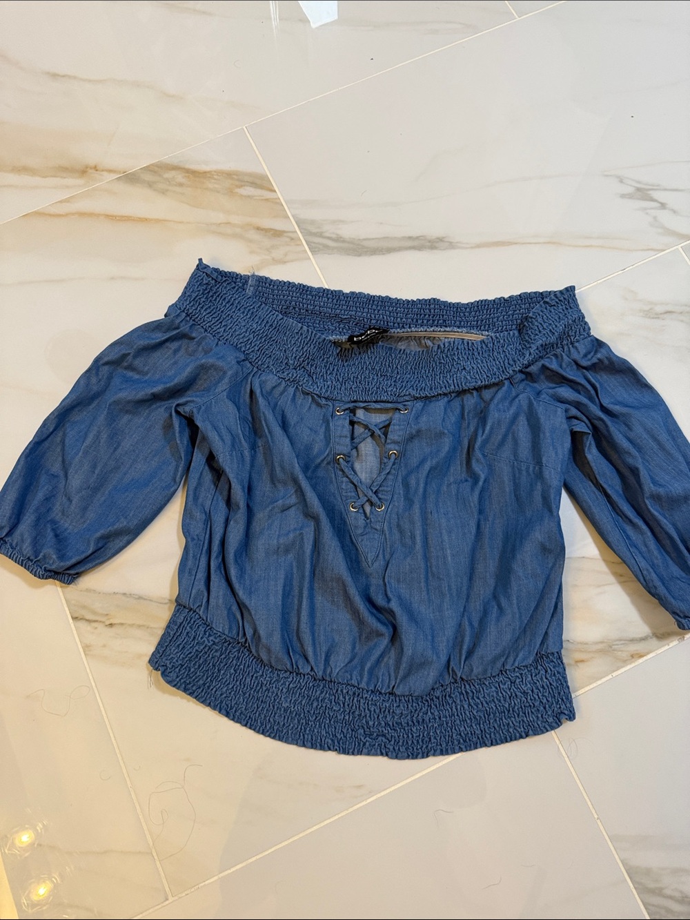 bebe Blue Off-Shoulder Lace-Up Top